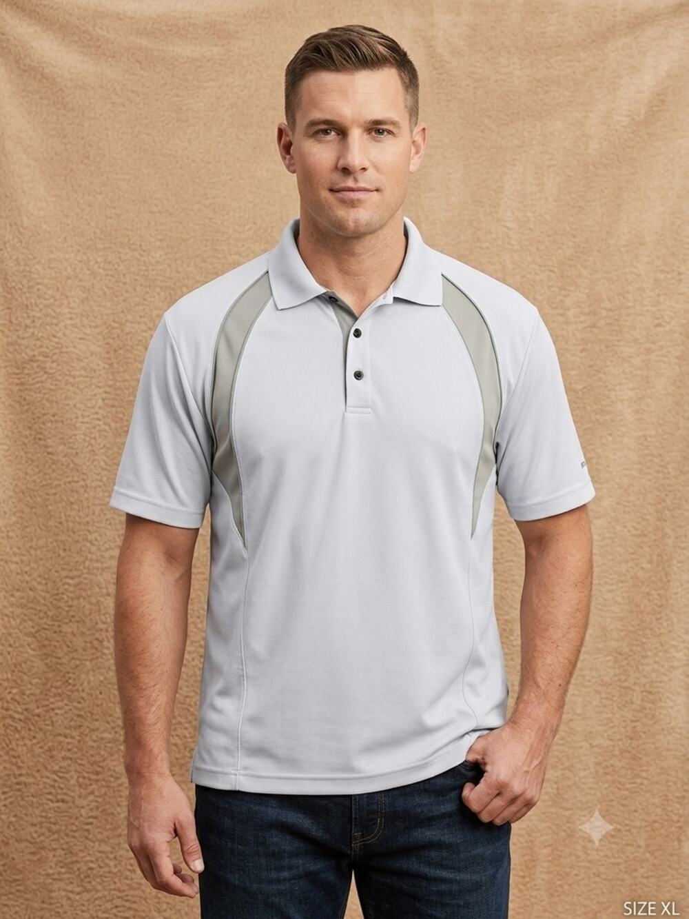 Men's White Polo with Beige Contrast Panels     Size L. MS 44